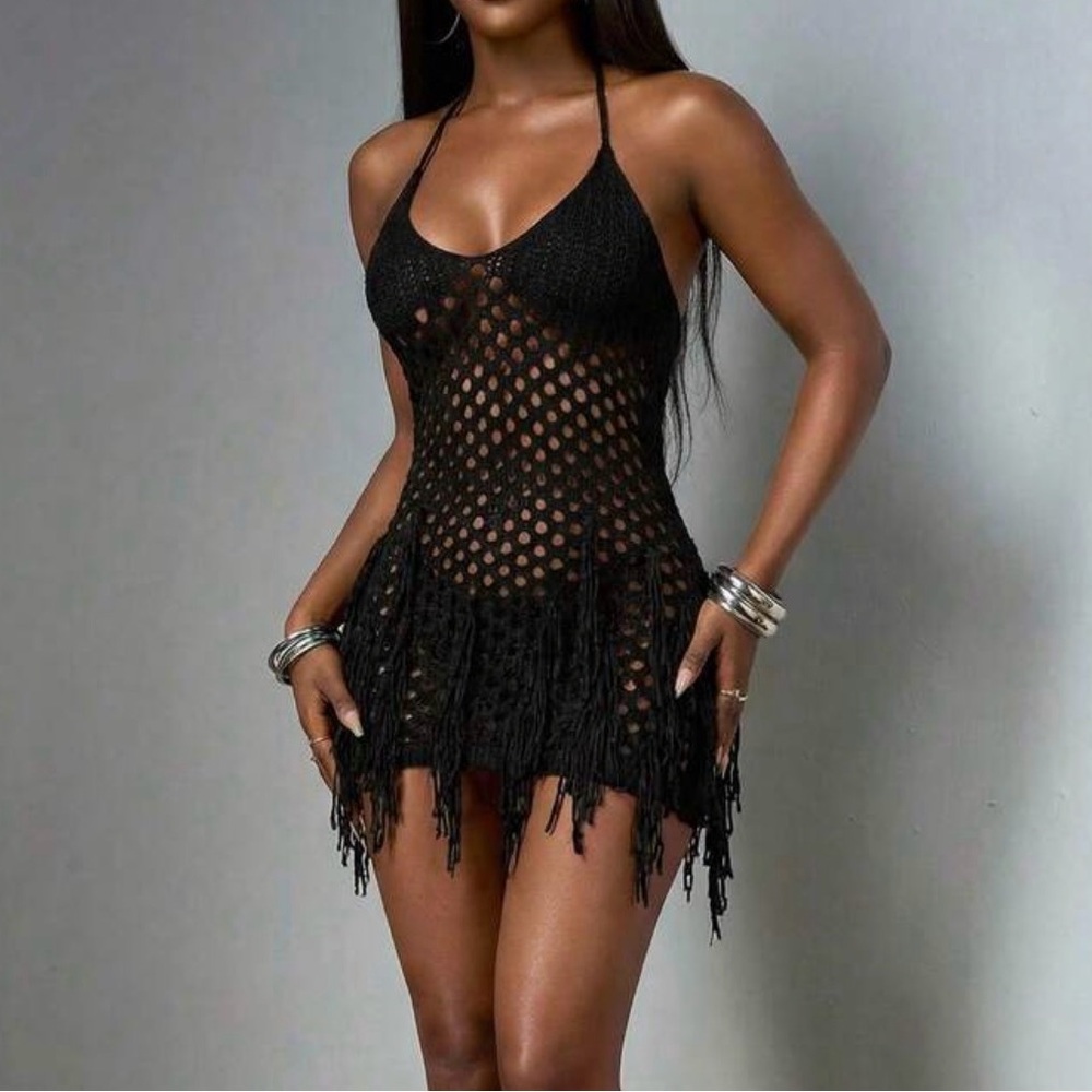 SHEIN Black Halter Crochet Swim Cover-Up